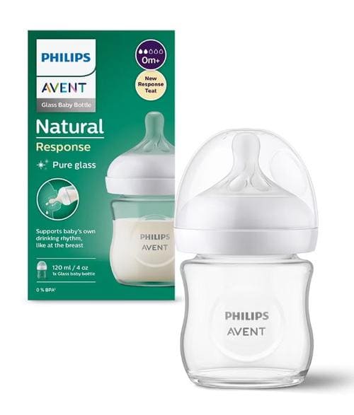 Biberon din sticla Philips Avent Natural Response SCY930/01, 120 ml, Debit 2, Tetina fara scurgeri, +0 luni, Fara BPA (Alb/Transparent)