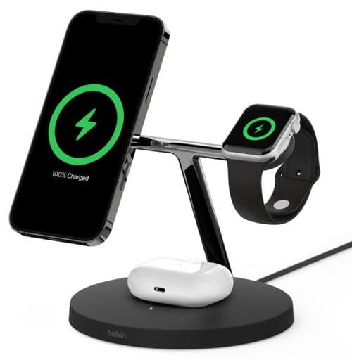 Incarcator Wireless 3-in-1 Belkin Boost Charge Pro, 15W, MagSafe, Stand, AirPods, Apple Watch + Adaptor AC (Negru)