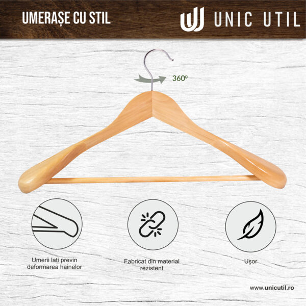 Umerase Tricouri din Lemn cu Umeri Lați și Design Modern, Natur, UUUM17 - imagine 4
