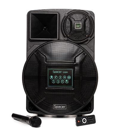Boxa Portabila Spacer Lion, Bluetooth, Troler, 120W RMS, Subwoofer 15inch, AUX, Guitar, USB/microSD, Telecomanda, Microfon Wireless (Negru)