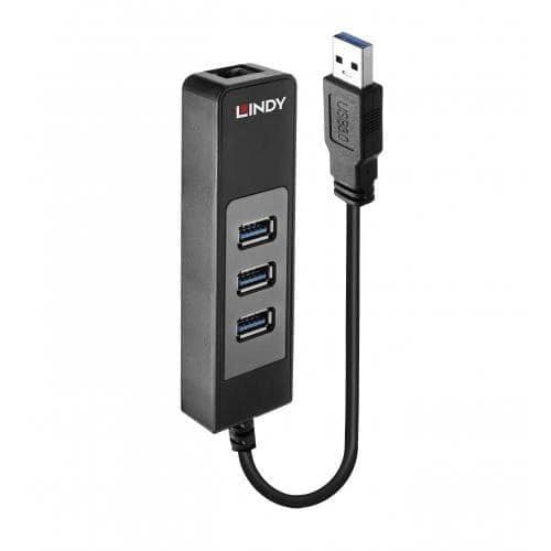 HUB USB Lindy LY-43176, 3x USB 3.0, 1x RJ45, Negru