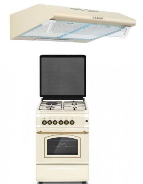 Pachet Aragaz mixt rustic Studio Casa Firenze FE50/553G, Gaz, 3 Arzatoare Gaz, 1 Arzator electric, Grill + Hota Studio Casa Alfa Beige, 483 mc/h (Bej)
