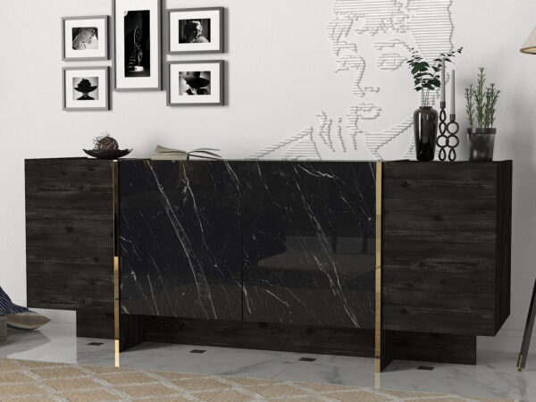 Comoda UnicUtil Luxury Edition, PAL Melaminat, 180 x 47 x 75 cm, Negru-Auriu - imagine 6
