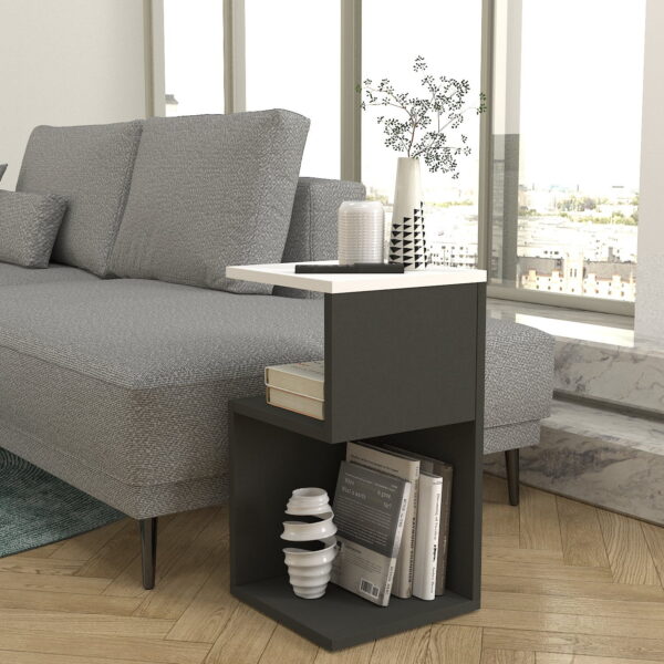 Set 2 Noptiere UnicUtil cu rafturi pe trei niveluri in model S, Alb, Gri Antracit 30 x 30 x 55cm - imagine 4