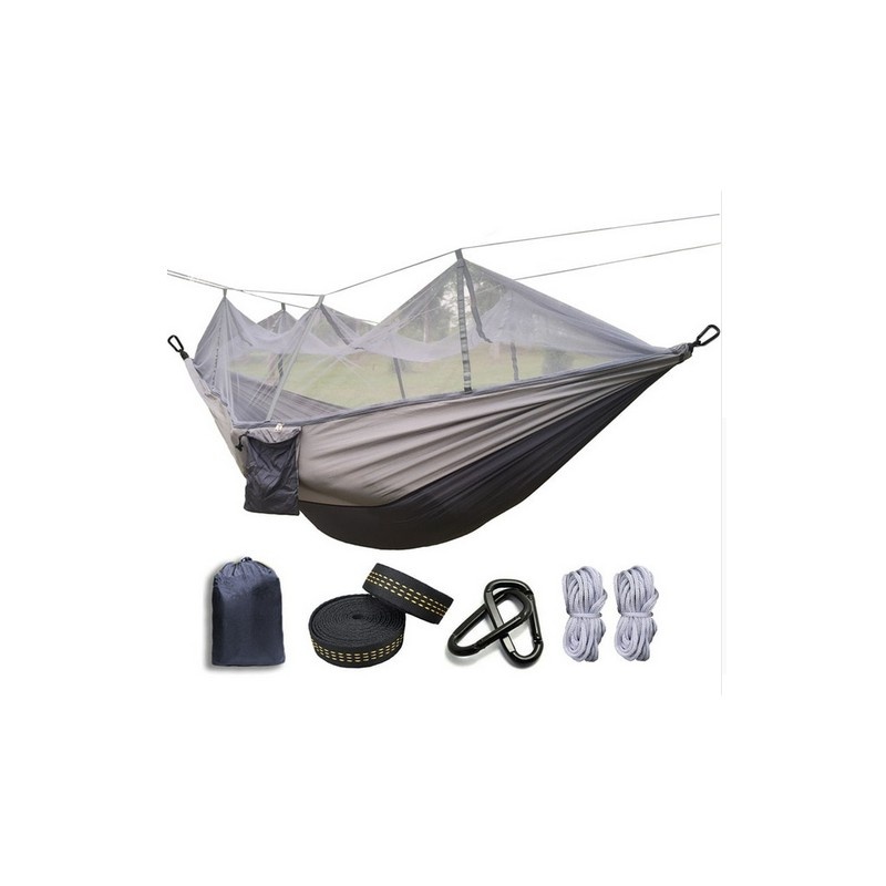 Hamac Gri Tip Parasuta cu Plasa Anti-Tantari 210T Nylon Portabil si Compact cu Accesorii, Marime 260x140cm, Alte categorii - imagine 4