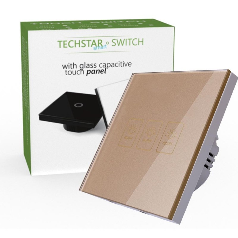 Intrerupator Touch Techstar® TG02 Intrerupator Touch Techstar® TG02, Sticla Securizata, Design Modern, Iluminare LED, 3 Faze, Auriu, Intrerupatoare – ofertă, preț și specificații