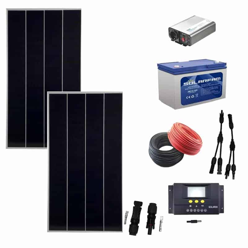 Kit sistem fotovoltaic complet 340w off grid cu invertor 300w la 220v si baterie AGM 100ah
