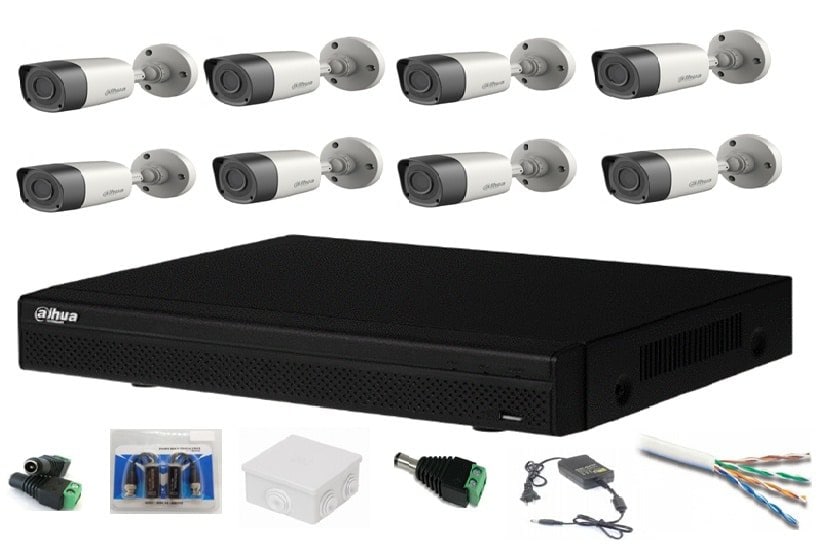 Sistem complet supraveghere cu 8 camere exterior Dahua 2MP, HDCVI, HD 1080p, IR 20m, DVR 8 canale, accesorii montaj