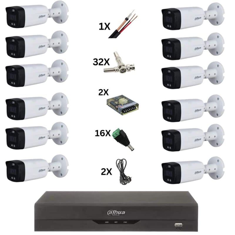 Sistem de supraveghere cu 16 camere ColorVu 8MP, Lumina color 40M, Lentila 3.6mm, Alarma stroboscopica, DVR de 16 canale 4k, accesorii