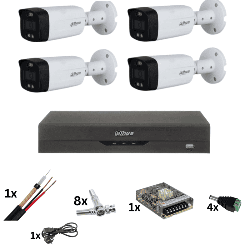 Sistem de supraveghere cu 4 camere ColorVu 8MP, Lumina color 40M, Lentila 3.6mm, Alarma stroboscopica, DVR de 4 canale 4k, accesorii
